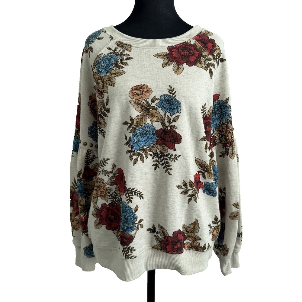 Democracy Women's Medium Pullover Top Boho Artsy Poet Sleeve Floral Studded